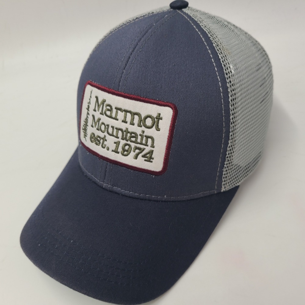 Marmot Moutain Hat Snapback Trucker Mesh Blue Gray Est 1974 Patch Hiking Men